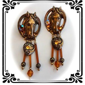 Western Brass Horse Head Dangle Bling Earrings